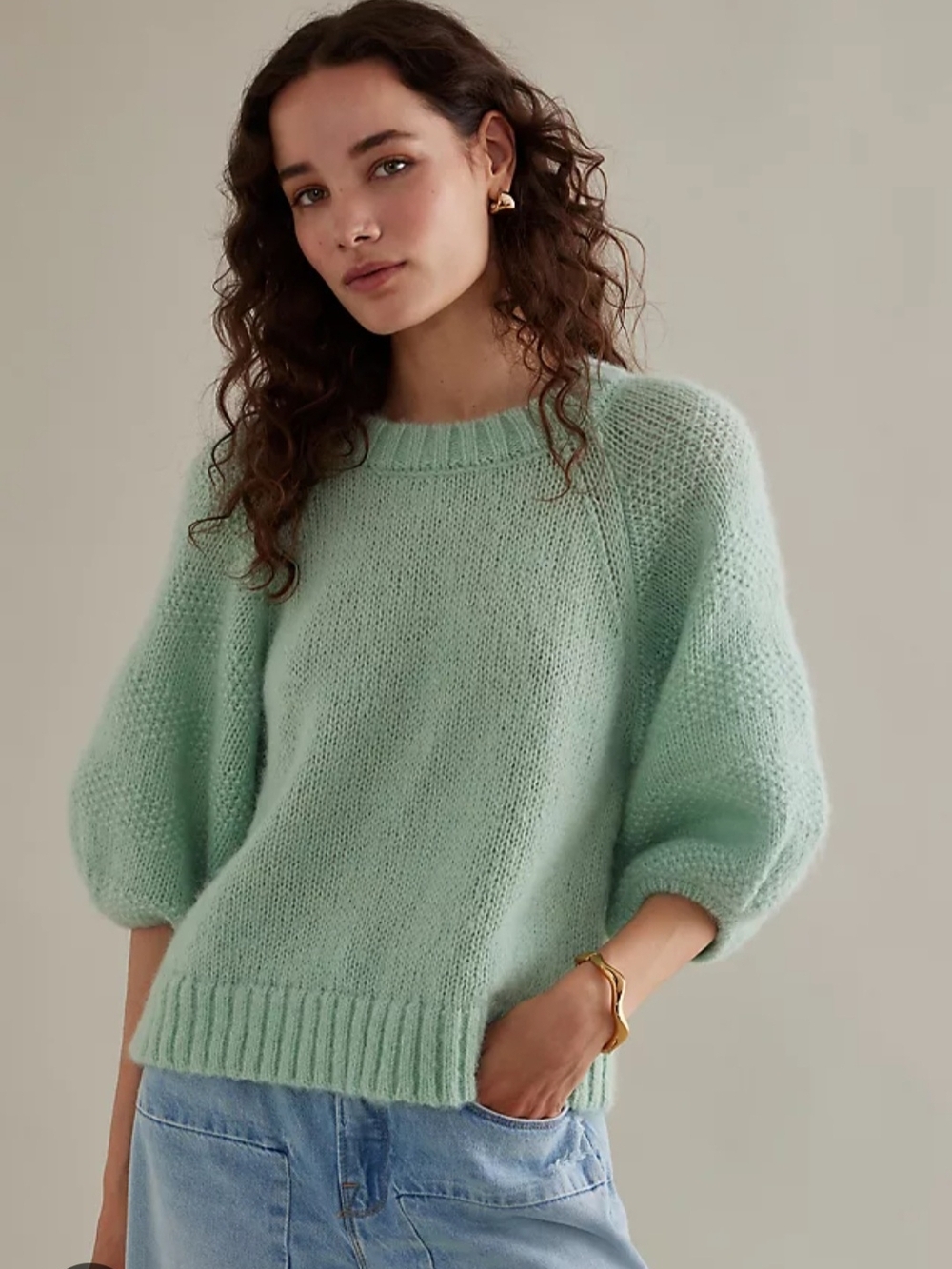 Relaxed Mint Green Crewneck Sweater with Balloon Sleeves - Women